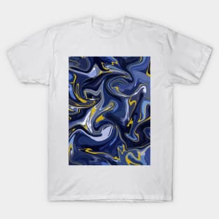 Delft Blue and Gold Silk Marble - Blue and White Liquid Paint Pattern T-Shirt